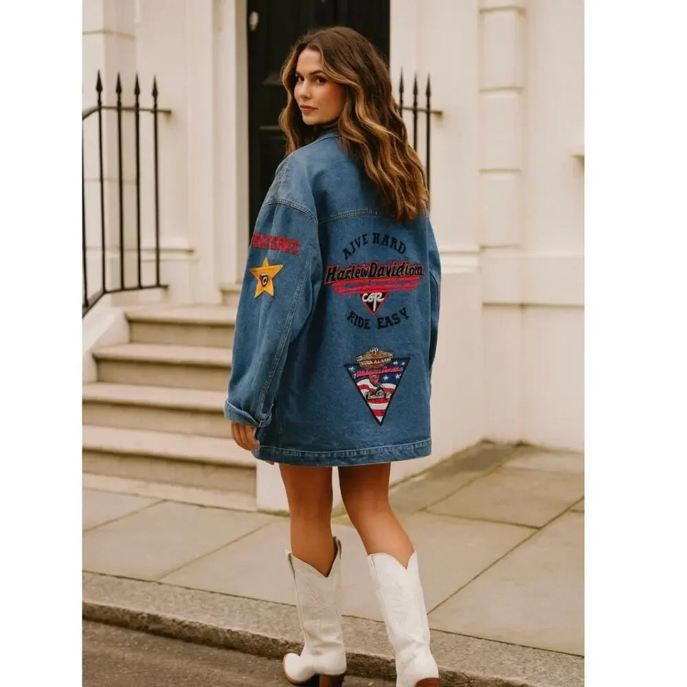 Harley Davidson Oversized Trucker Jacket With Patches Boho Chic Coastal Cowgirl